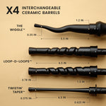 Interchangeable ceramic barrels with dimensions on a beige background