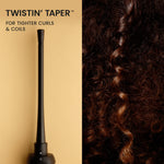 Hair styling tool with text 'Twistin' Taper' on a beige background