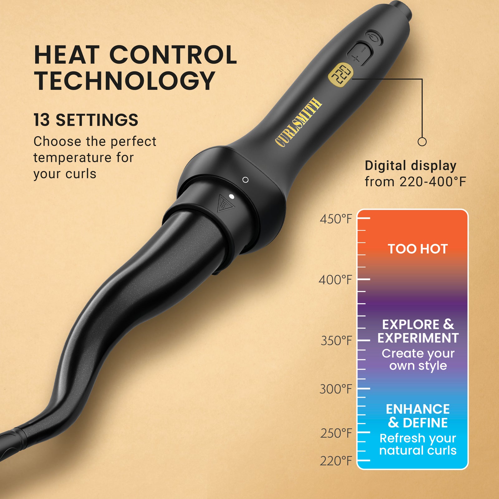 Black hair styling tool with digital temperature display on a beige background, Click to enlarge