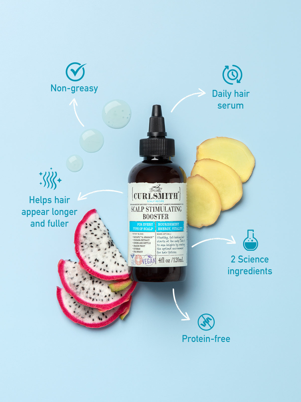 A bottle of Curlsmith USA's Scalp Stimulating Booster, a daily scalp serum, is surrounded by slices of dragon fruit and ginger root. This vegan, protein-free formula claims to help hair appear longer and fuller. Text indicates it is non-greasy and contains two key science ingredients for healthier hair.