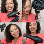 Woman holding a Curlsmith hair dryer and brush, with close-up shots of the product.